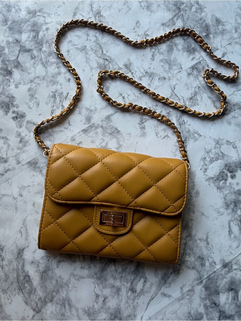 Quilted Crossbody Bag with Gold Chain in Mustard